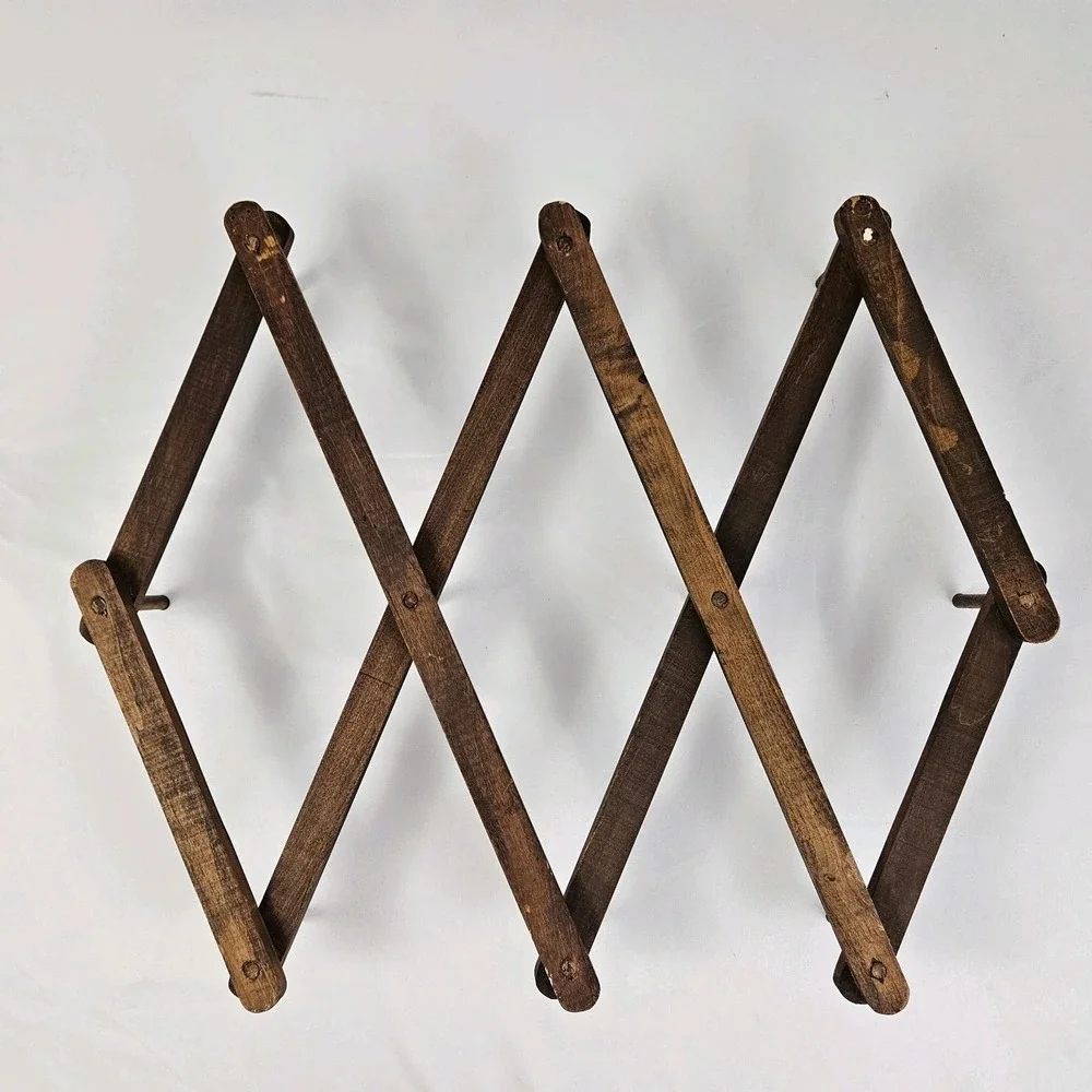 Vtg Wood Expandable Accordion Folding Rack 10 Peg Wall Hanger Hat Coat Jewelry